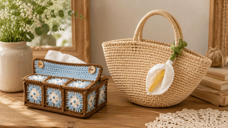 Bolsa e caixinha de crochê aparecem juntas em uma composição delicada, destacando o charme artesanal, os detalhes florais e a beleza do feito à mão na decoração.