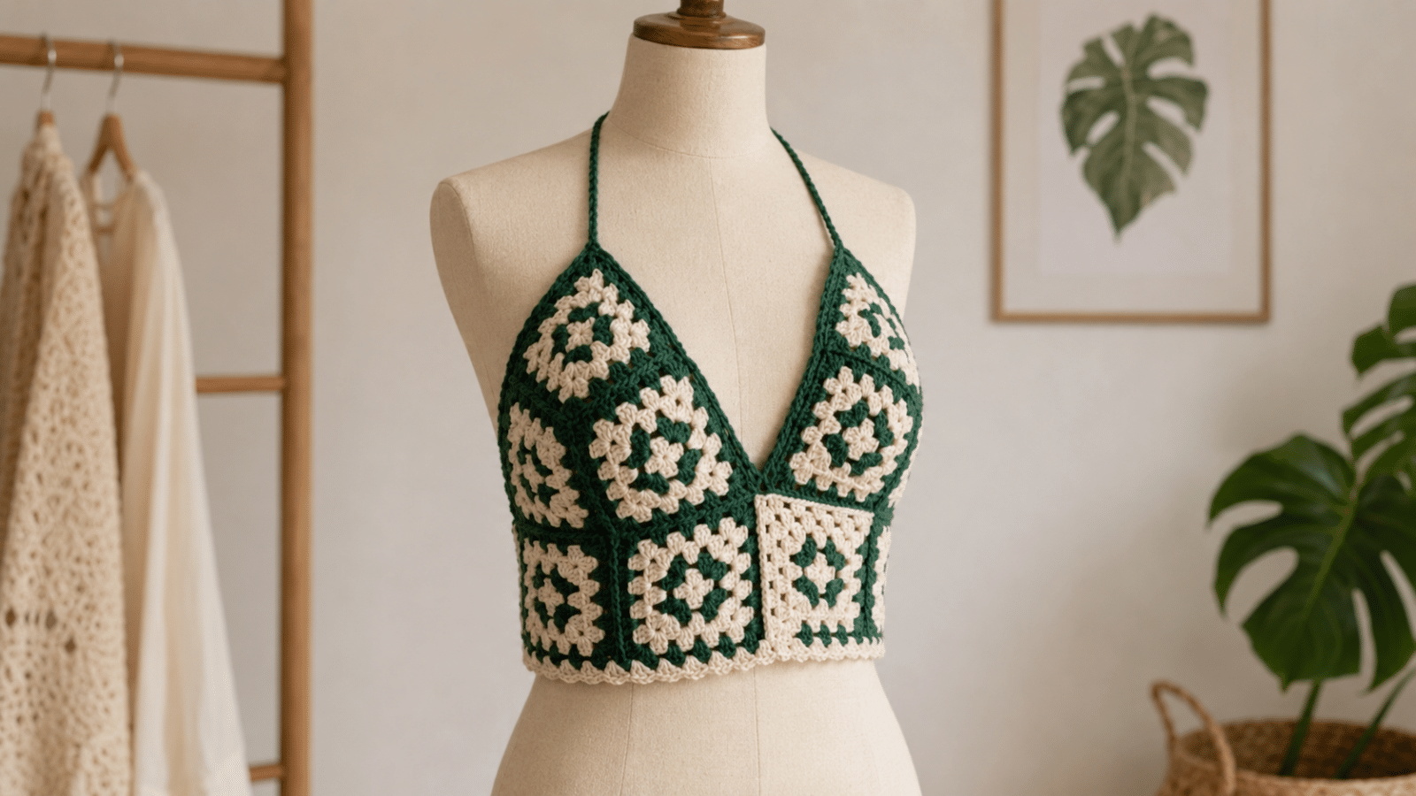 Cropped de crochê em tons de verde e cru ganha destaque no manequim, valorizando os squares artesanais, o acabamento delicado e o charme moderno da peça feita à mão.
