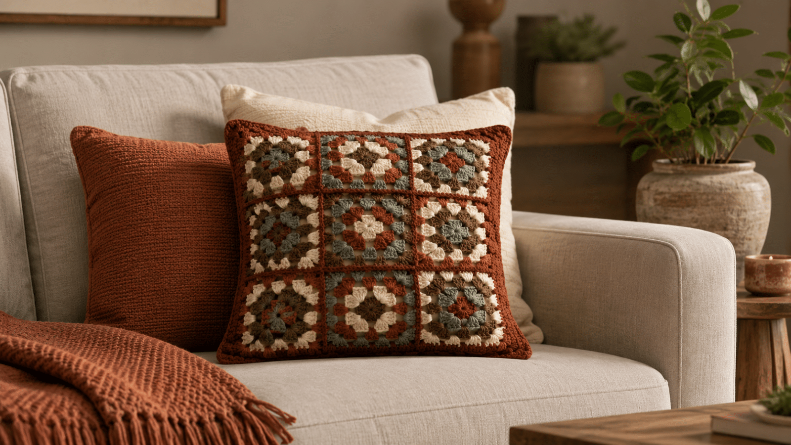 Almofada de crochê moderno em tons terrosos decorando sofá claro, com textura artesanal, squares delicados e composição aconchegante para sala.