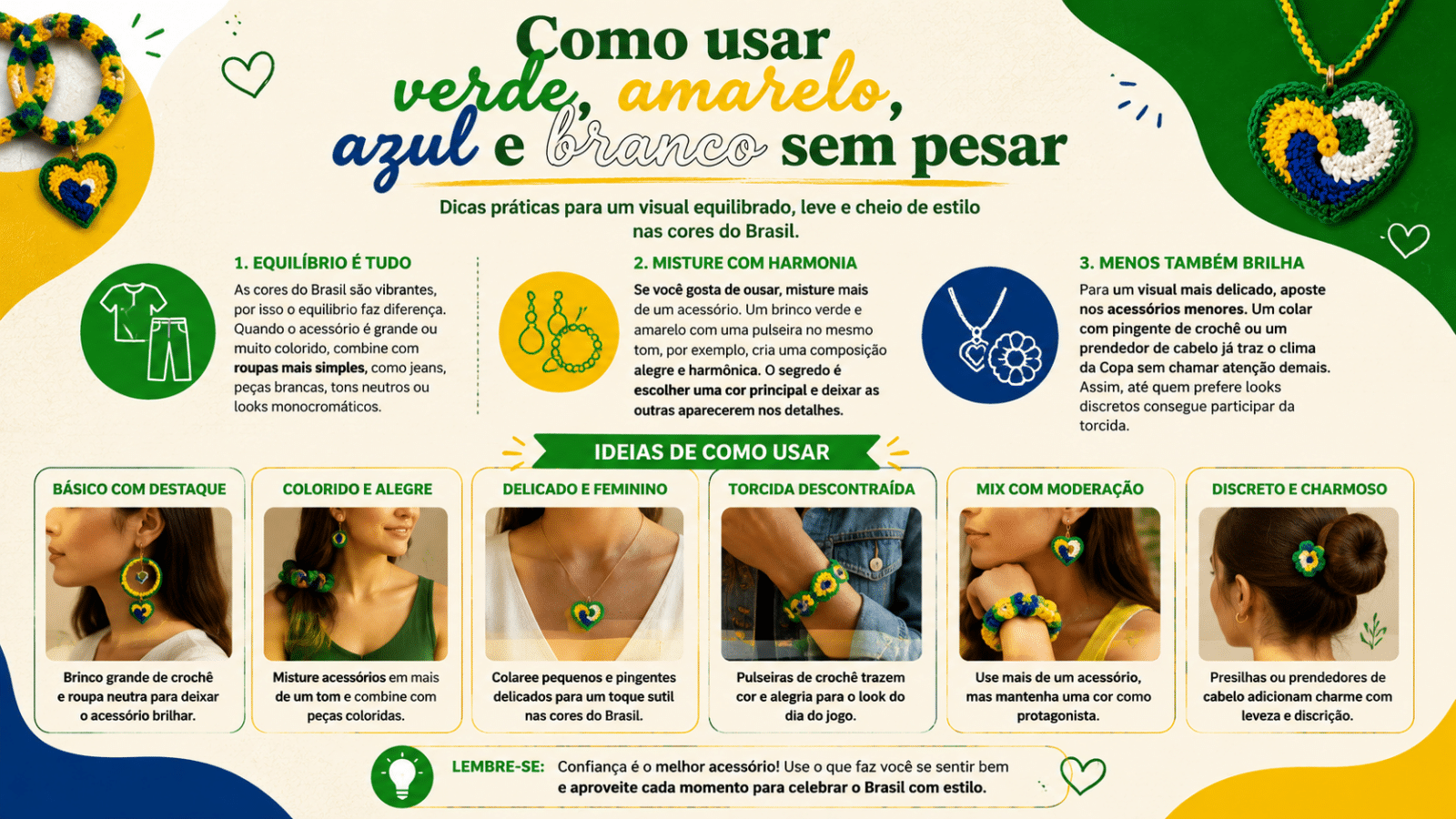 Infográfico com dicas para usar acessórios de crochê nas cores do Brasil de forma equilibrada, combinando verde, amarelo, azul e branco com looks leves, discretos e cheios de estilo.
