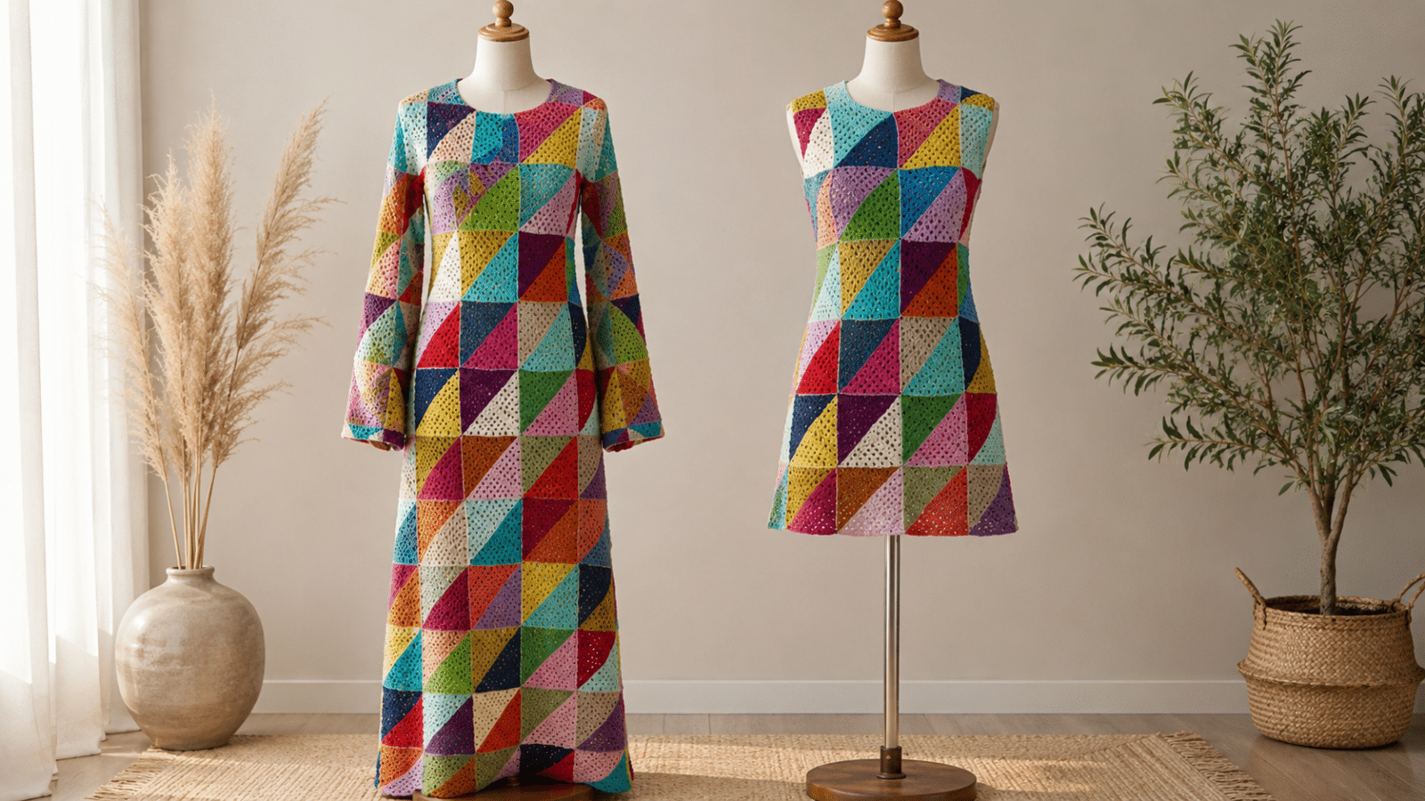 Dois vestidos de crochê coloridos com squares geométricos exibidos em manequins, em versões longa com mangas e curta sem mangas.