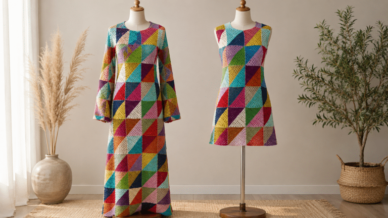 Dois vestidos de crochê coloridos com squares geométricos exibidos em manequins, em versões longa com mangas e curta sem mangas.