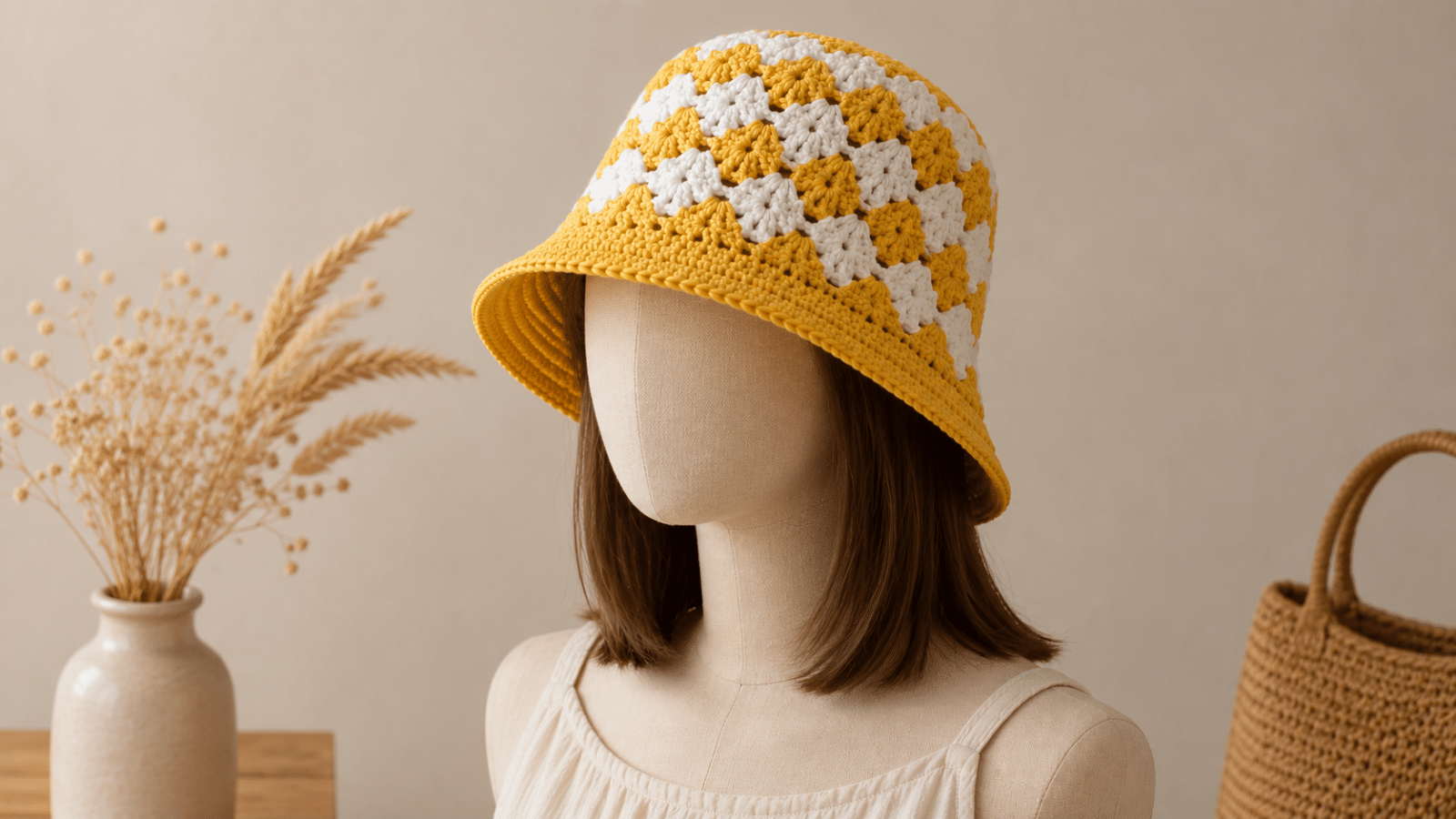 Chapéu bucket de crochê amarelo e branco exibido em manequim, destacando a textura artesanal da peça.