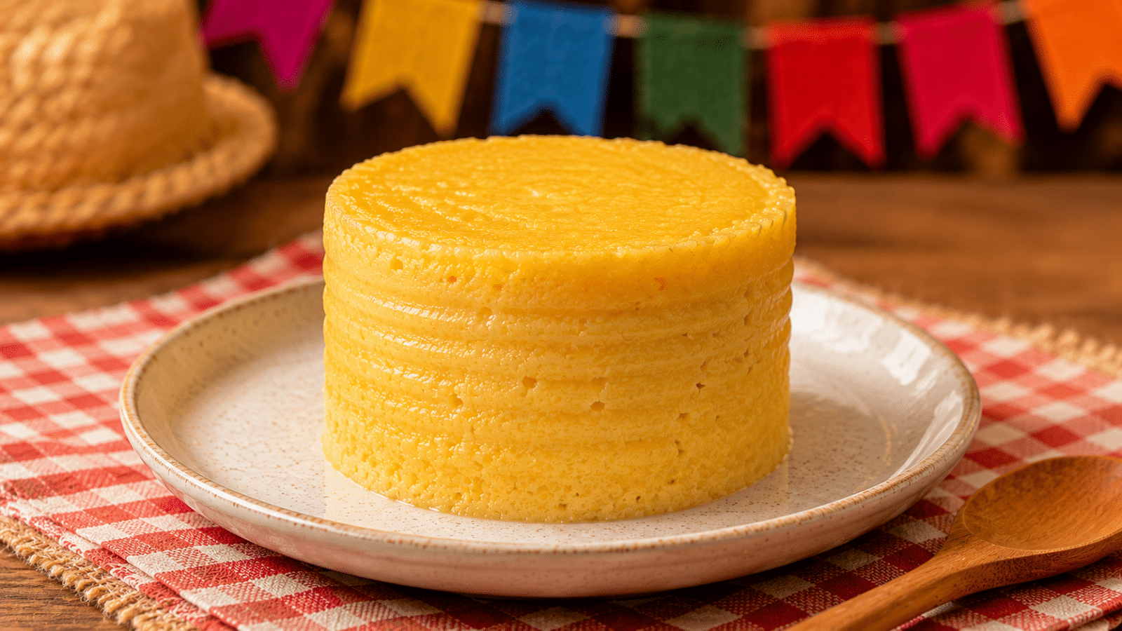 Pamonha cremosa de milho desenformada em formato de lata, servida em prato claro com decoração simples de Festa Junina.