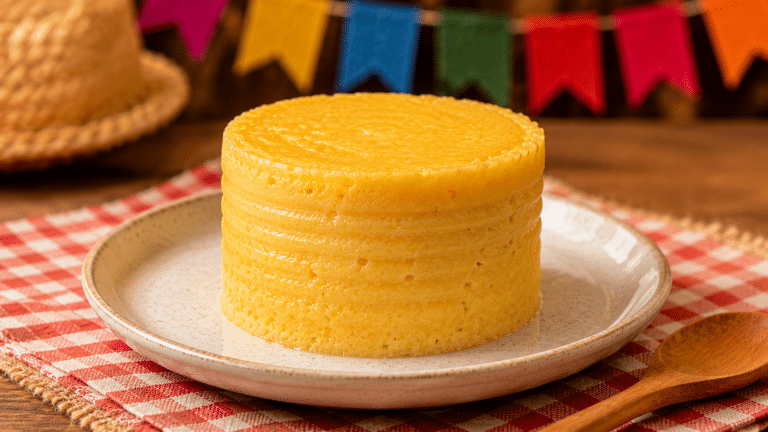 Pamonha cremosa de milho desenformada em formato de lata, servida em prato claro com decoração simples de Festa Junina.