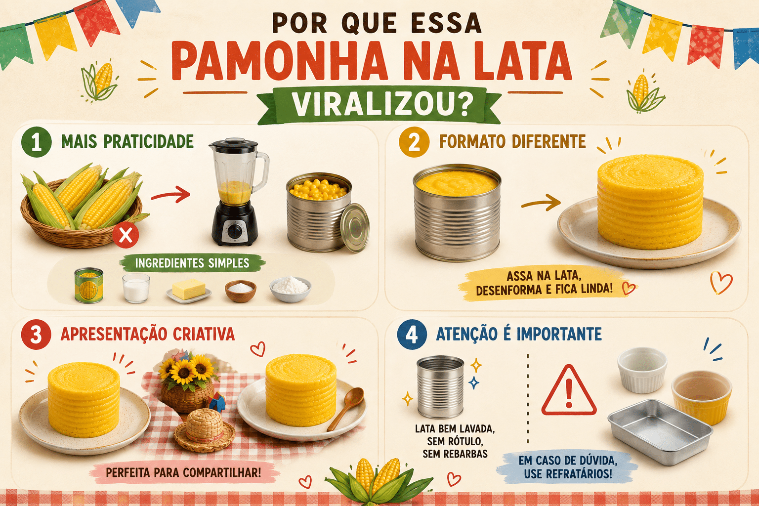 Infográfico sobre por que a pamonha na lata viralizou, mostrando praticidade, formato criativo e cuidados no preparo para a Festa Junina.