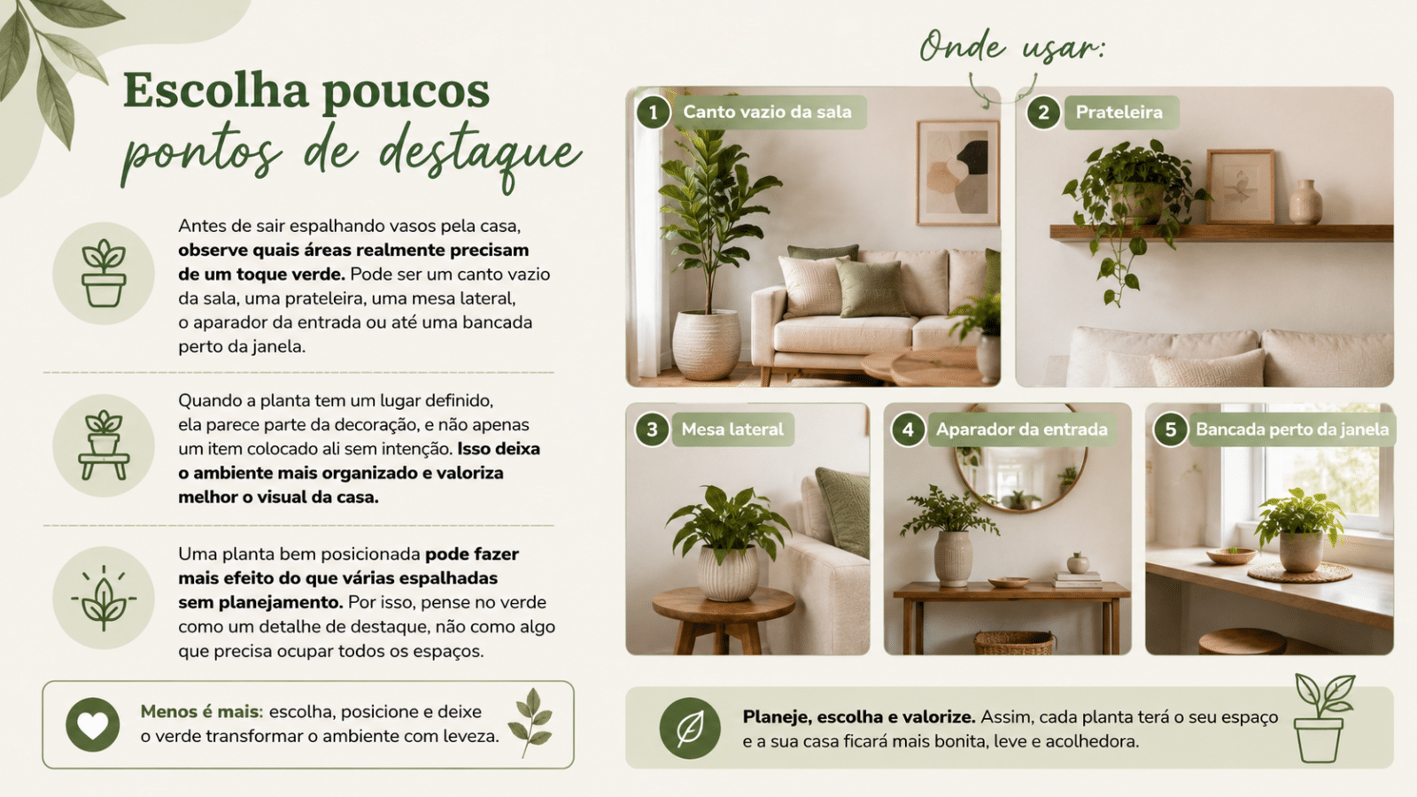 Infográfico sobre como escolher poucos pontos de destaque para usar plantas na decoração, mantendo a casa leve, organizada e acolhedora.