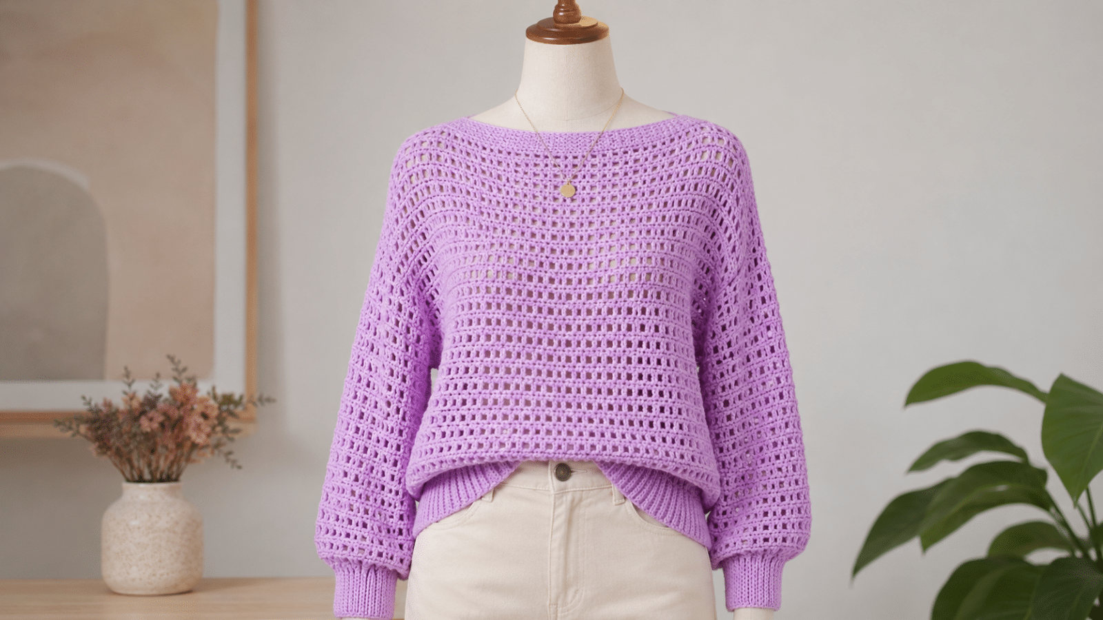 Manequim usando blusa lilás de crochê com ponto vazado, manga longa e acabamento canelado, combinada com calça clara em composição delicada e artesanal.