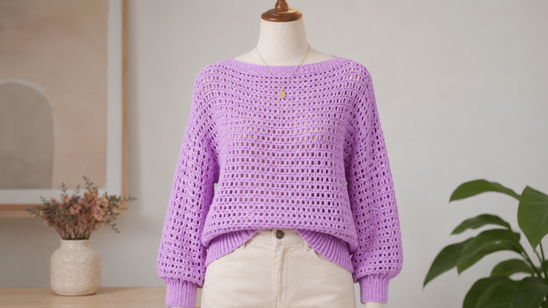Manequim usando blusa lilás de crochê com ponto vazado, manga longa e acabamento canelado, combinada com calça clara em composição delicada e artesanal.