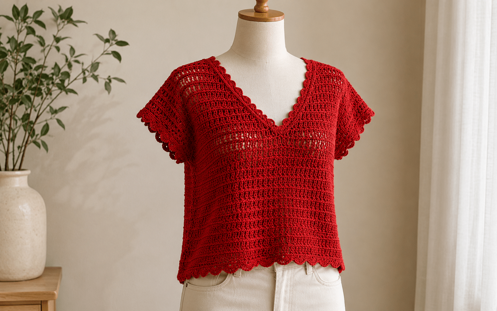 Blusa vermelha de crochê em manequim, com decote em V, ponto vazado e acabamento ondulado delicado na barra e nas mangas.