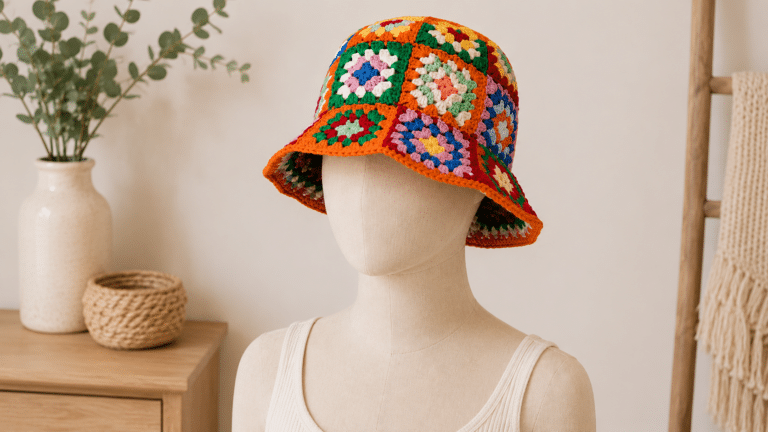 Chapéu de crochê colorido em estilo bucket, feito com squares vibrantes e acabamento artesanal, exposto em manequim