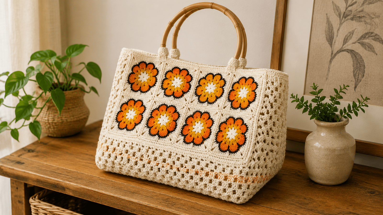 Bolsa de crochê artesanal em tom cru, com squares florais em laranja e amarelo, alças estruturadas e acabamento vazado, exposta em ambiente acolhedor