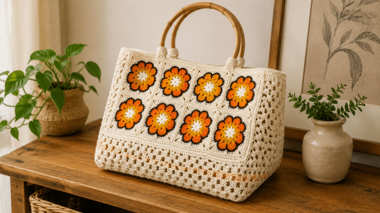 Bolsa de crochê artesanal em tom cru, com squares florais em laranja e amarelo, alças estruturadas e acabamento vazado, exposta em ambiente acolhedor
