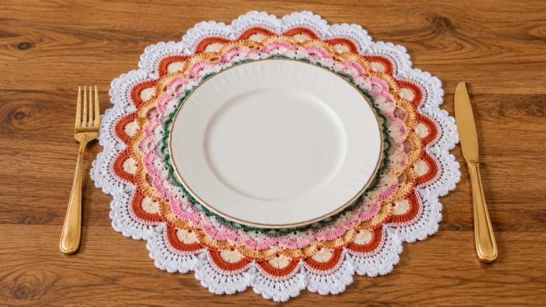 Sousplat de crochê colorido em mesa posta simples, com prato branco e talheres dourados, destacando o acabamento artesanal em camadas delicadas.