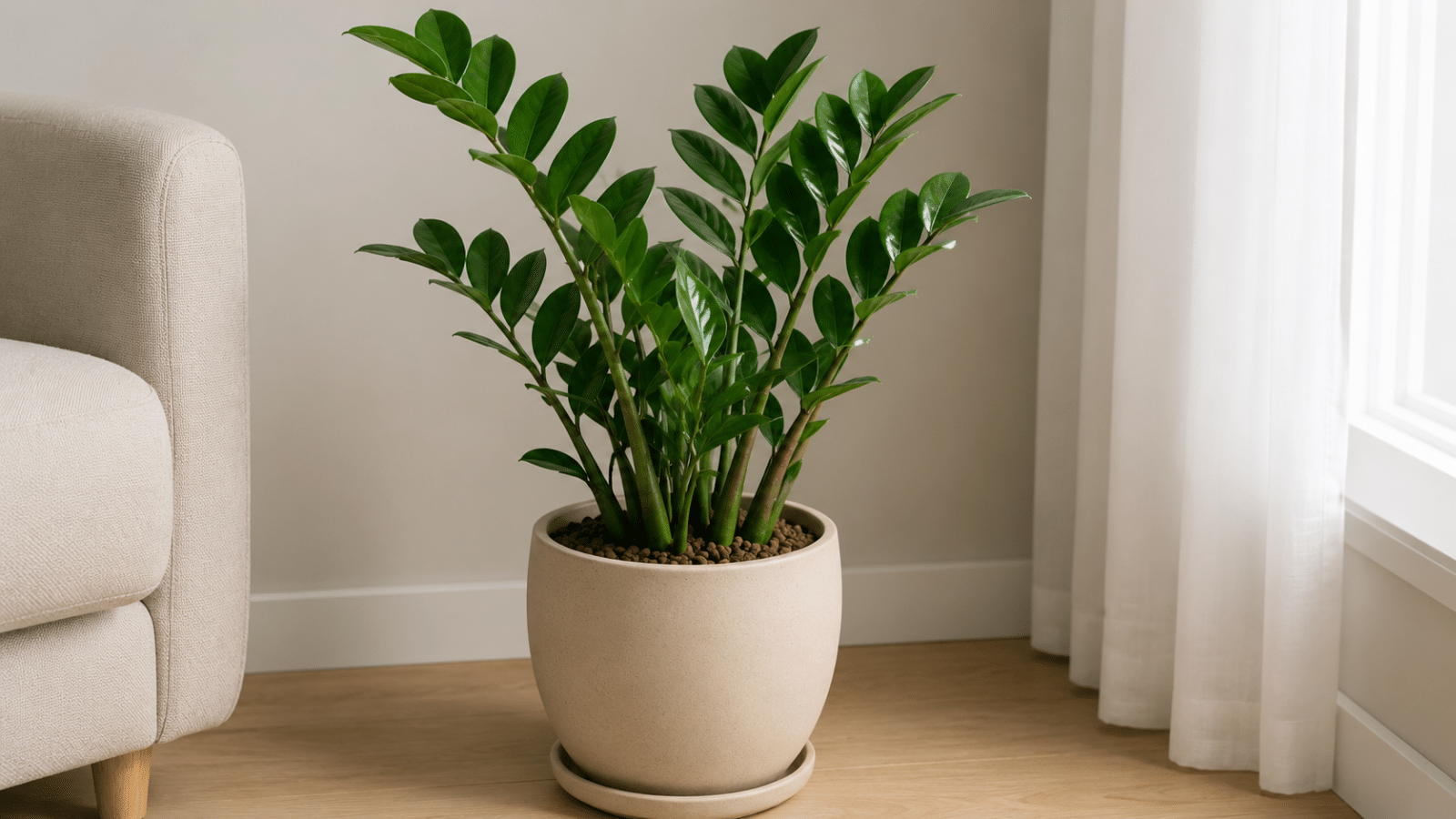 Zamioculca saudável em vaso de cerâmica neutro, com folhas verdes brilhantes e firmes, decorando um ambiente interno claro e acolhedor.