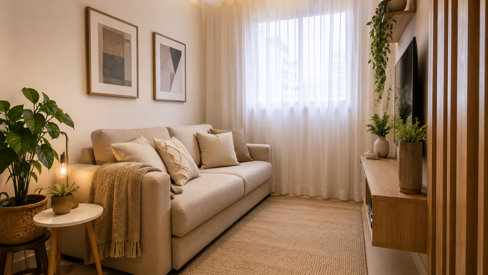 Sala pequena decorada com sofá claro, almofadas neutras, manta, tapete discreto e plantas, criando um ambiente organizado, aconchegante e elegante.