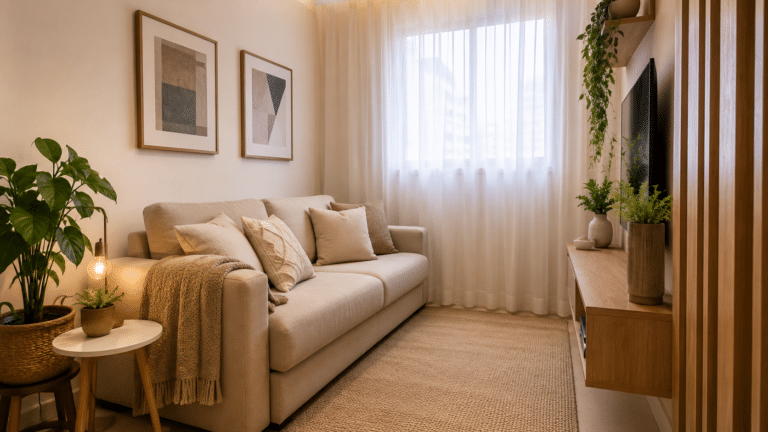 Sala pequena decorada com sofá claro, almofadas neutras, manta, tapete discreto e plantas, criando um ambiente organizado, aconchegante e elegante.