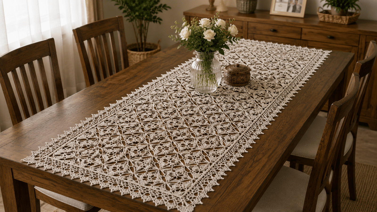 Caminho de mesa de crochê rendado com delicados motivos florais valorizando a mesa de jantar de madeira e criando uma decoração elegante e acolhedora.