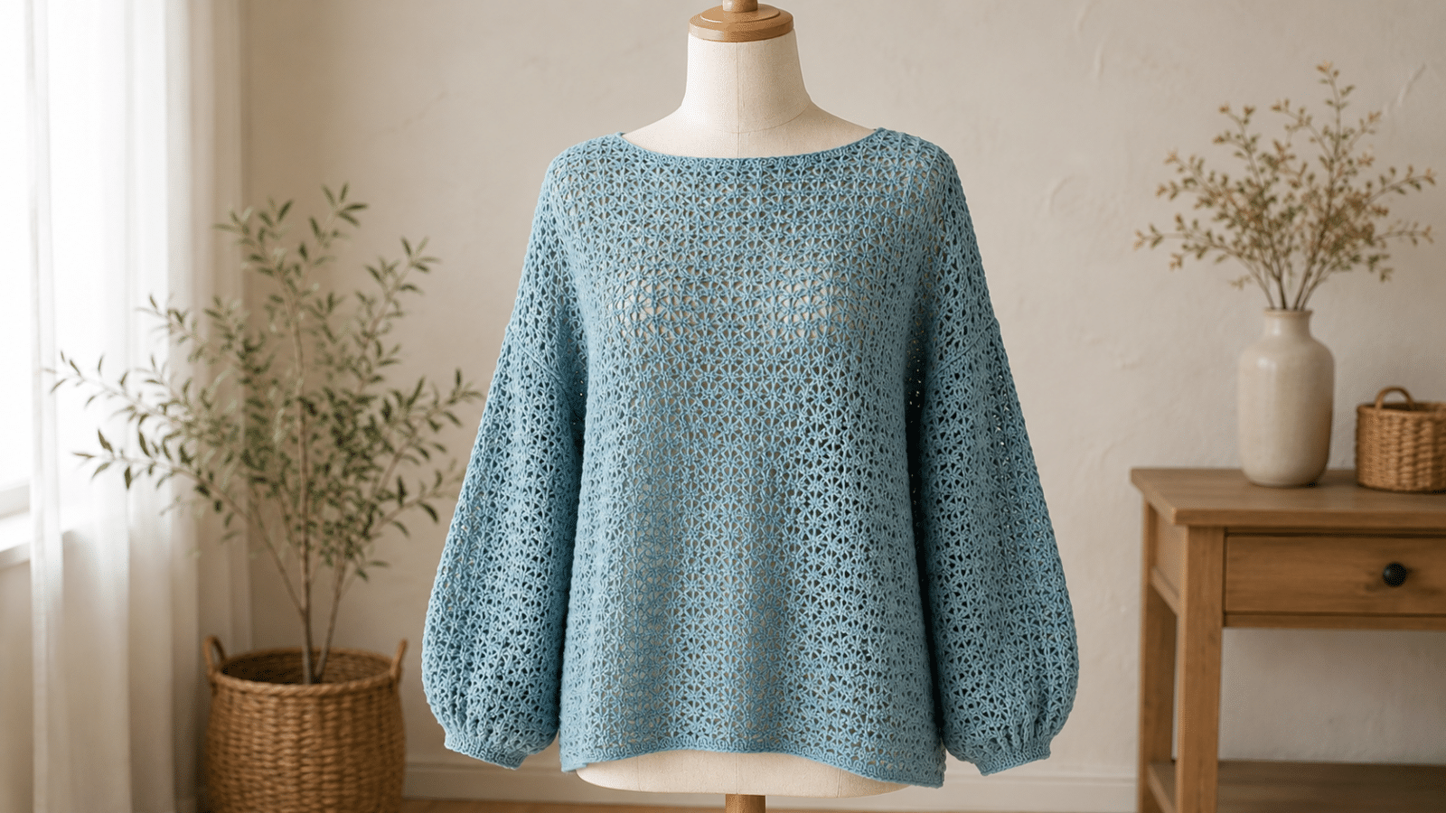 Blusa de crochê azul suave com mangas amplas em manequim, destacando o ponto vazado e o caimento artesanal da peça.