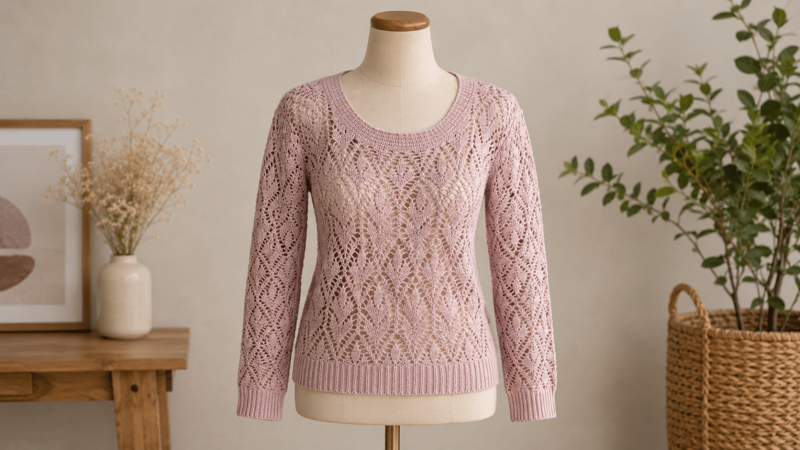 Blusa de crochê rosa em manequim, com ponto vazado delicado, mangas longas e acabamento artesanal na gola, barra e punhos.