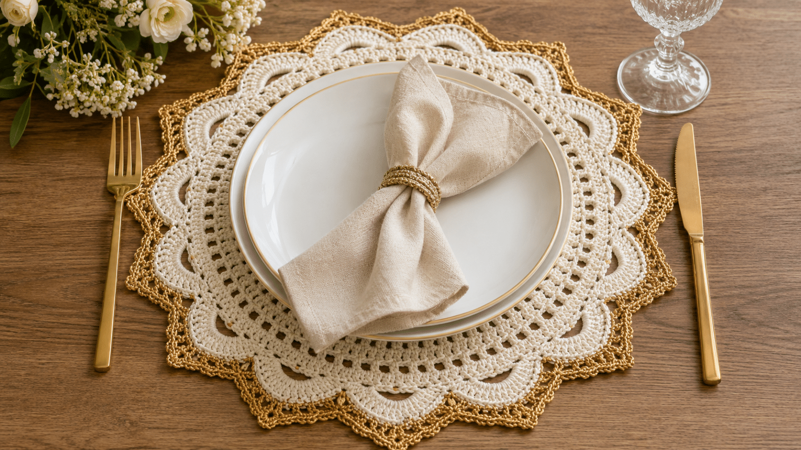Sousplat de crochê em mesa posta elegante, com detalhes em tom cru e dourado, prato branco, guardanapo neutro e talheres sofisticados.