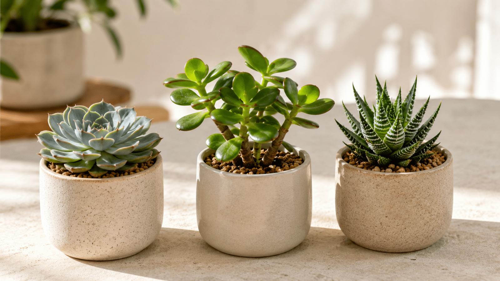 Três suculentas fáceis de cuidar em vasos pequenos, com echeveria, planta-jade e haworthia em ambiente interno iluminado.