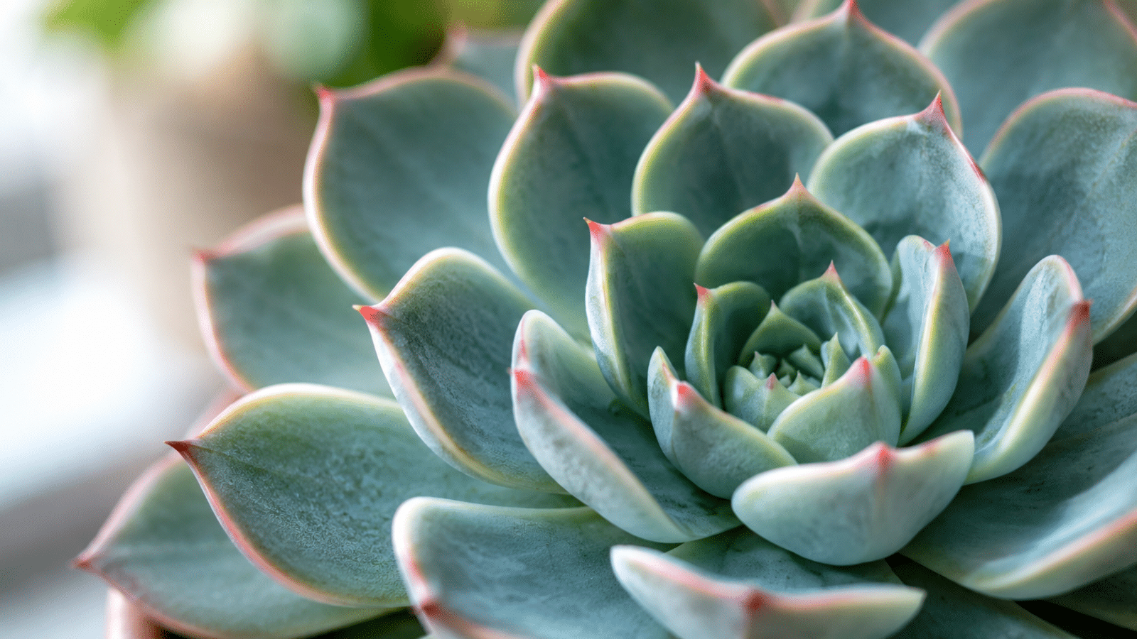 Close-up da echeveria, suculenta em formato de roseta com folhas verdes azuladas, pontas rosadas e textura delicada.