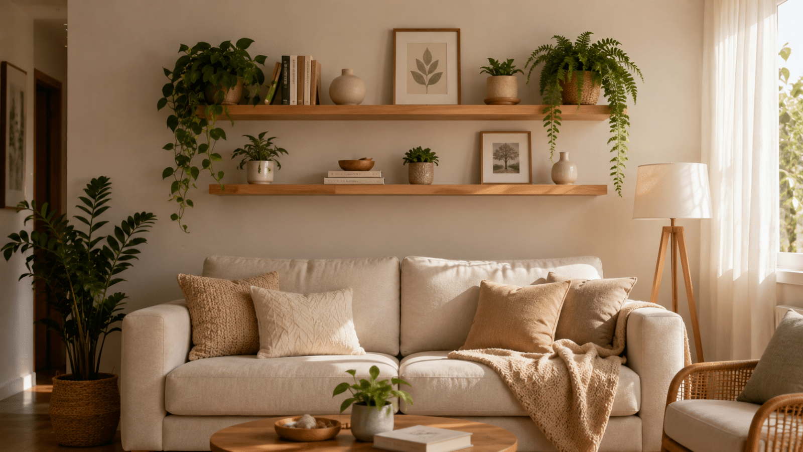 Sala pequena com prateleiras decorativas de madeira, plantas pendentes, livros e objetos neutros, criando uma parede charmosa e acolhedora.