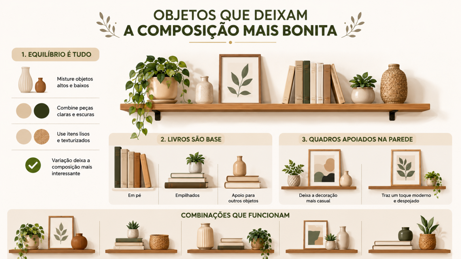 Infográfico sobre prateleiras decorativas, com dicas visuais para combinar livros, plantas, vasos e quadros na composição da parede.