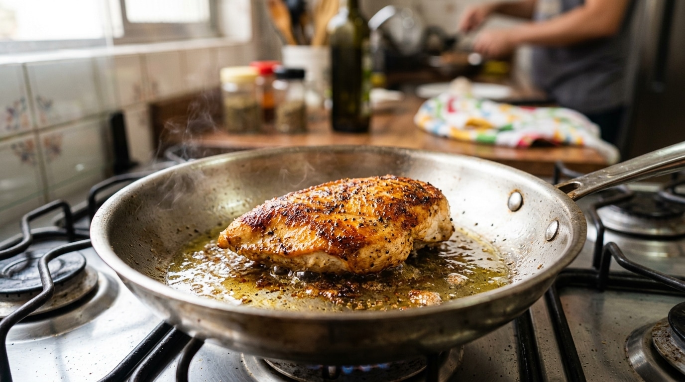 Peito de frango temperado fritando em uma frigideira de aço inox sobre a chama azul de um fogão. O óleo borbulha ao redor da carne, que já possui uma crosta dourada e rica em especiarias, enquanto o vapor da cocção sobe.