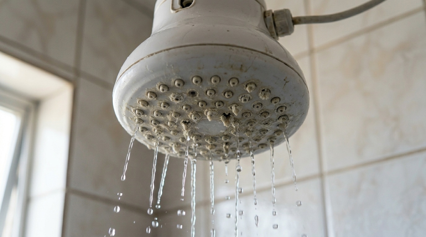 Chuveiro elétrico branco e redondo, instalado no teto, com apenas alguns jatos fracos de água saindo de furinhos visivelmente entupidos e com acúmulo de resíduos.