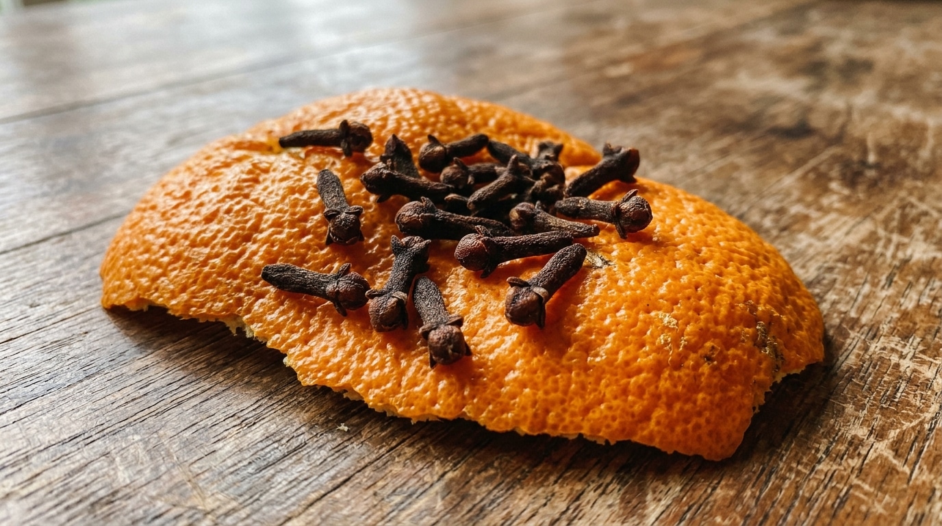 Macrofotografia de um pedaço de casca de laranja fresca e porosa repousando sobre uma mesa de madeira envelhecida e texturizada, com vários cravos-da-índia inteiros espalhados por cima.