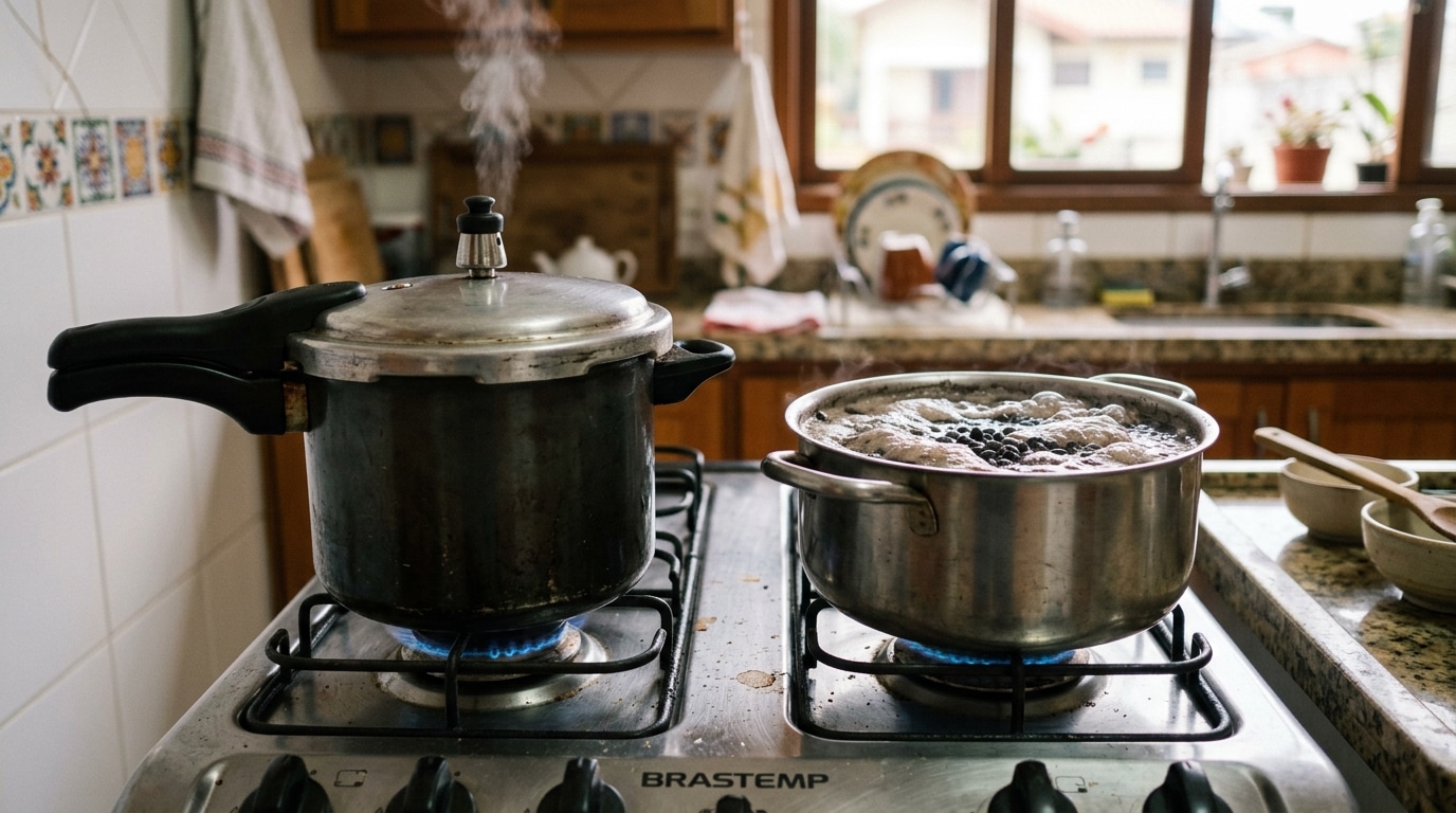 Fogão a gás em funcionamento com uma panela de pressão de alumínio soltando vapor intenso pela válvula à esquerda, e uma panela de aço inox sem tampa com feijão preto fervendo e formando espuma à direita.