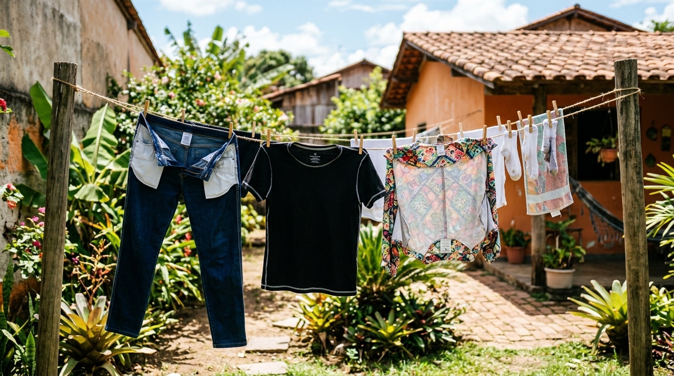 Fotografia de um quintal rústico e ensolarado com roupas penduradas em um varal de corda esticado entre dois pilares de madeira. Destacam-se uma calça jeans e uma camiseta preta, ambas estrategicamente penduradas pelo lado avesso, exibindo os forros dos bolsos e costuras internas aparentes. Casas com telhas de barro e muita vegetação verde compõem o cenário ao fundo.