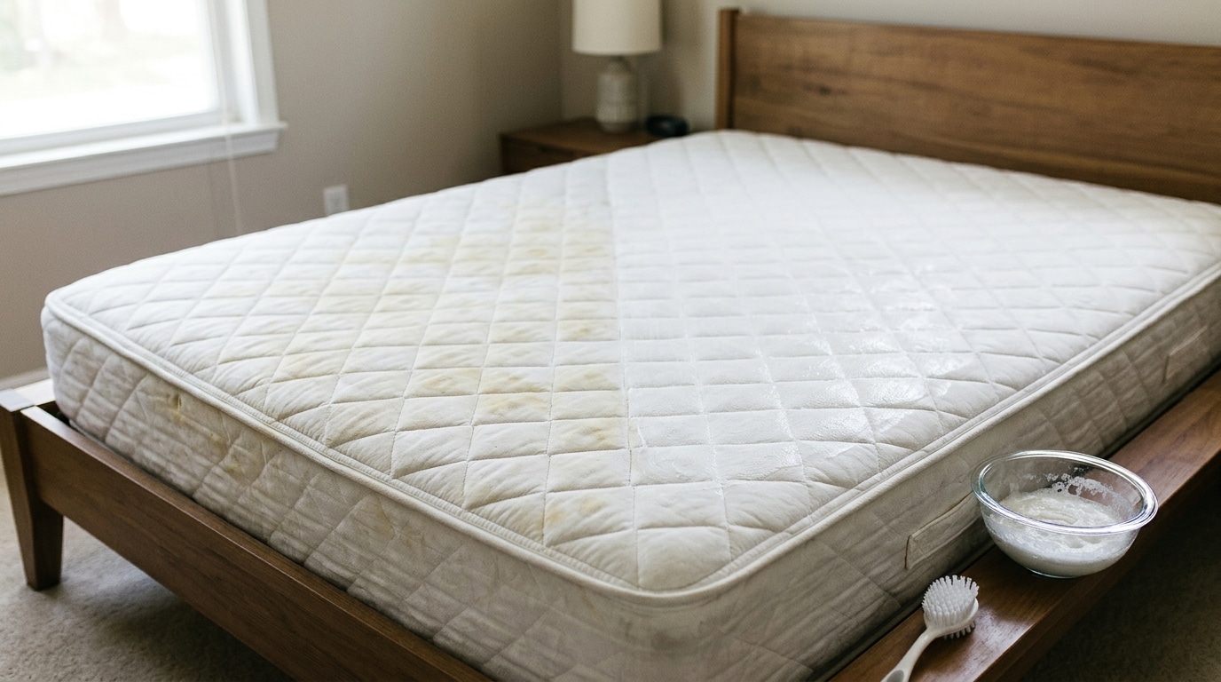 Colchão branco manchado com um pote de vidro contendo pasta de limpeza e uma escova de cerdas macias apoiados na estrutura lateral da cama.