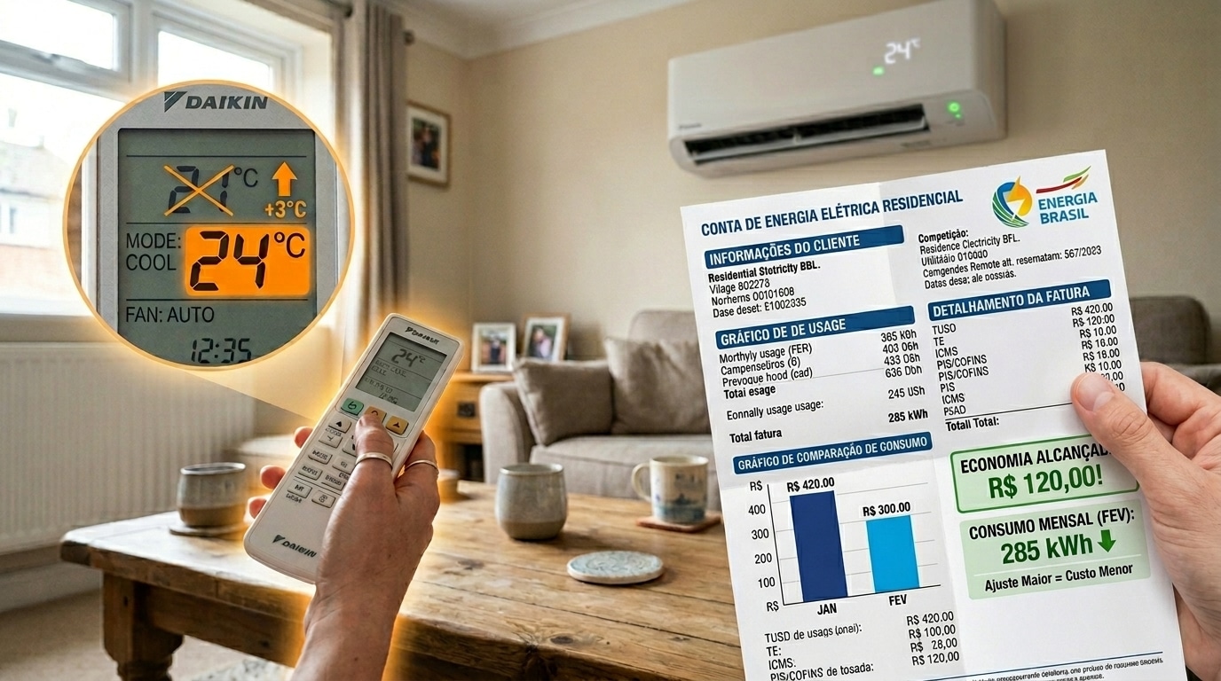Mão segurando um controle remoto da marca Daikin direcionado para o ar-condicionado na sala, enquanto a outra mão segura uma conta com gráfico de redução de consumo.