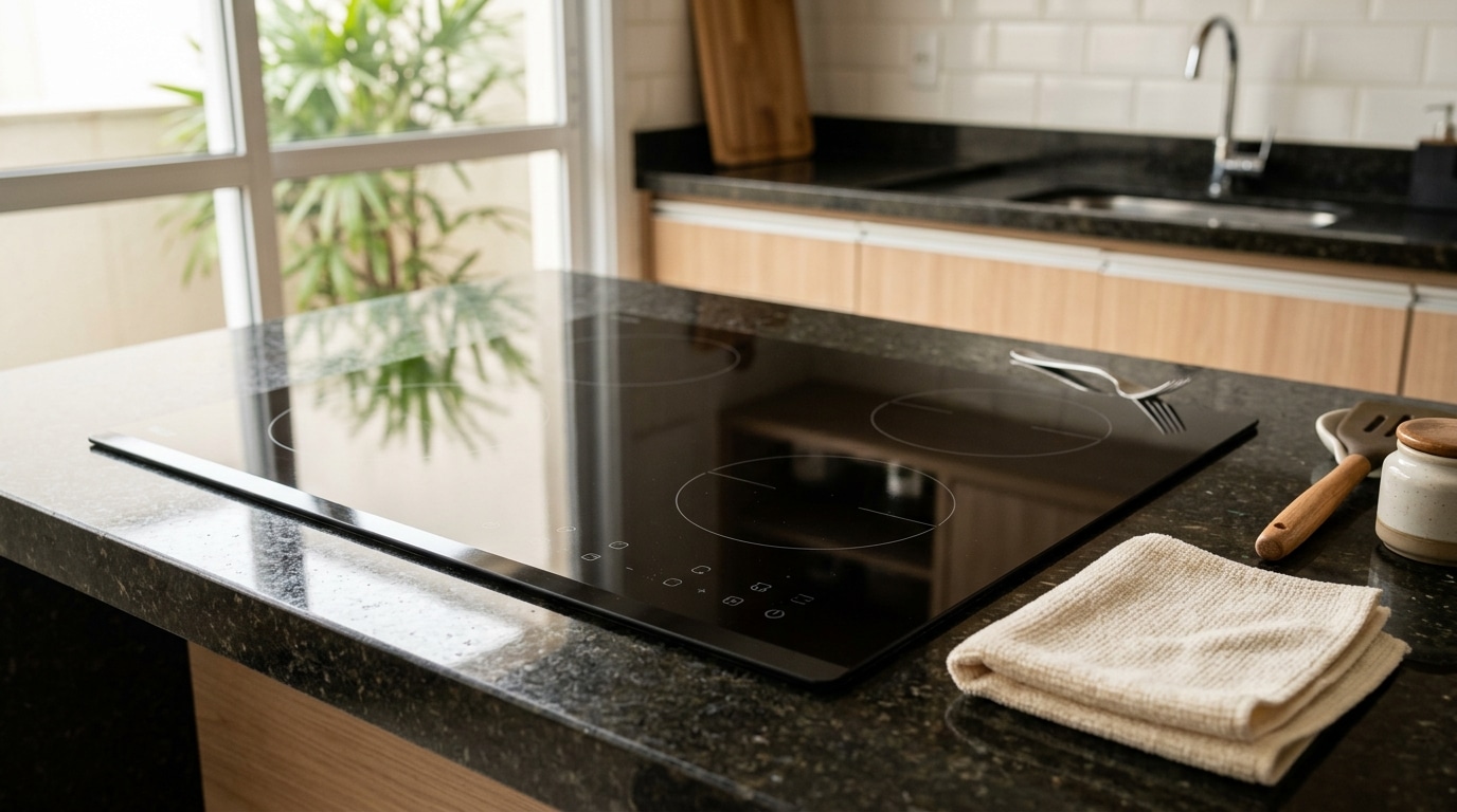 Cooktop de indução de vidro preto brilhante instalado em uma bancada de granito escuro, refletindo a luz de uma janela e folhas de uma planta.