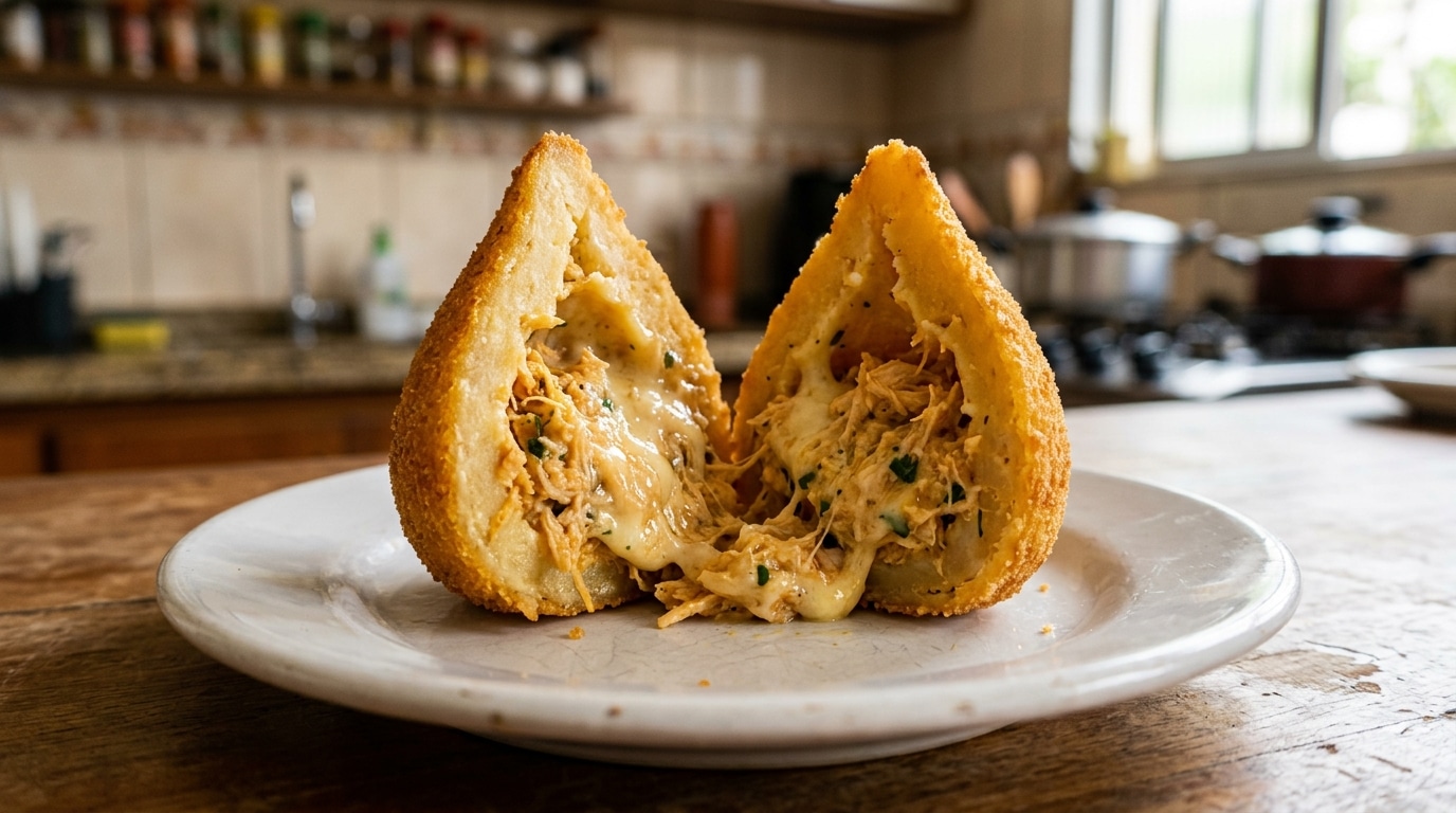 Coxinha frita com casquinha dourada e crocante cortada ao meio sobre um prato branco, revelando um recheio farto e suculento de frango desfiado temperado e queijo cremoso derretido, com uma cozinha rústica desfocada ao fundo.