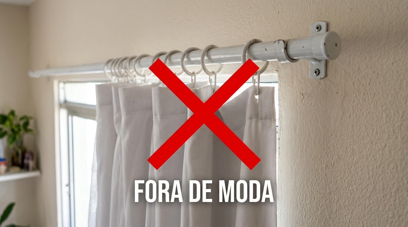 Detalhe de um varão de cortina branco fixado em uma parede de textura bege, com argolas segurando um tecido branco. Sobre a imagem, há um grande "X" vermelho e o texto "FORA DE MODA" em letras brancas.