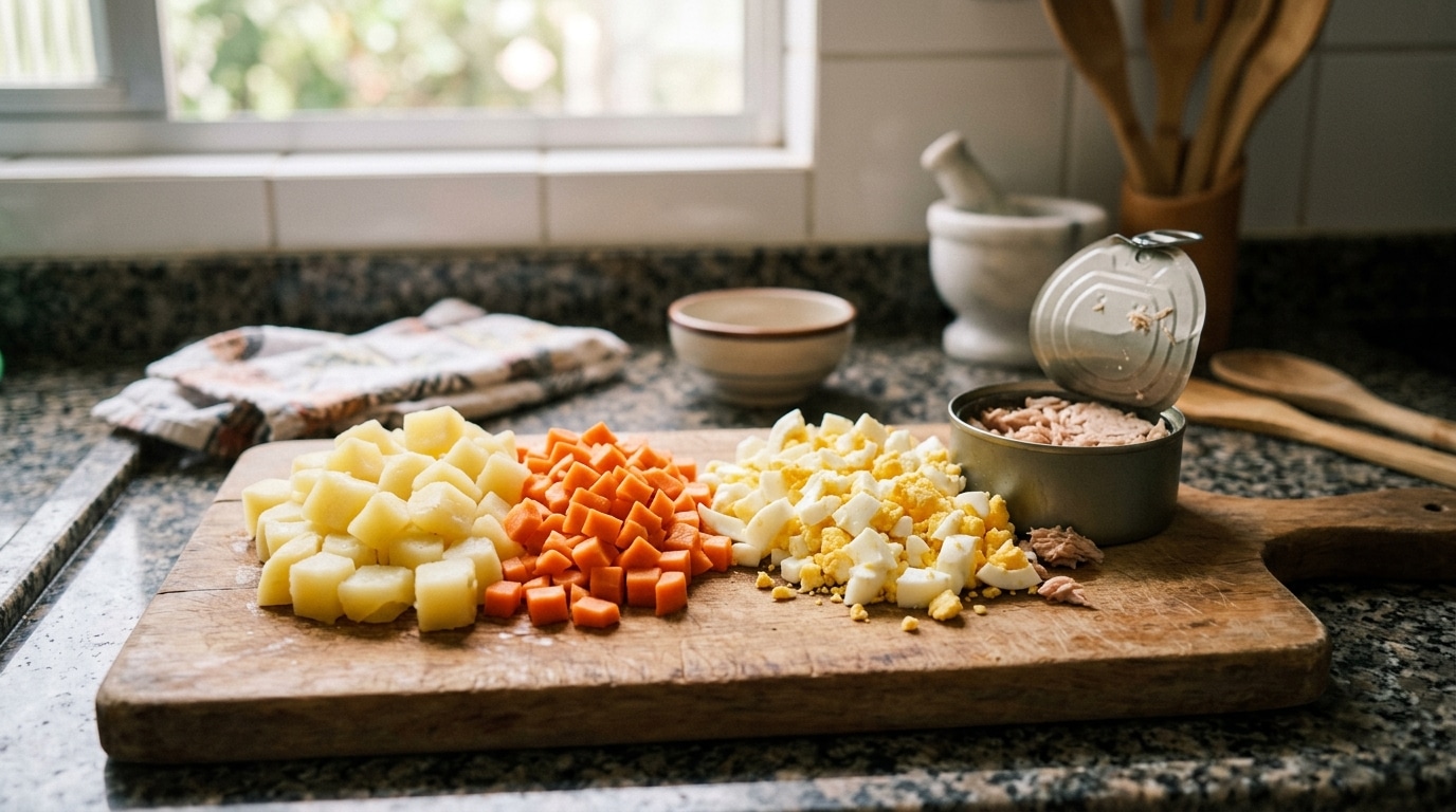 Tábua rústica de madeira com batatas e cenouras cozidas e descascadas, além de ovos e temperos frescos, preparados para o corte na bancada da cozinha.