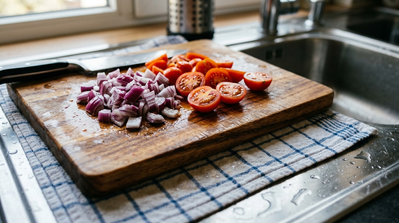 Tábua de corte rústica de madeira apoiada sobre um pano de prato quadriculado em azul e branco, posicionada na área molhada de uma pia de inox. Sobre a tábua, há cubos de cebola roxa recém-picados, tomates-cereja cortados ao meio e uma faca de chef. Gotas de água marcam a superfície da pia.