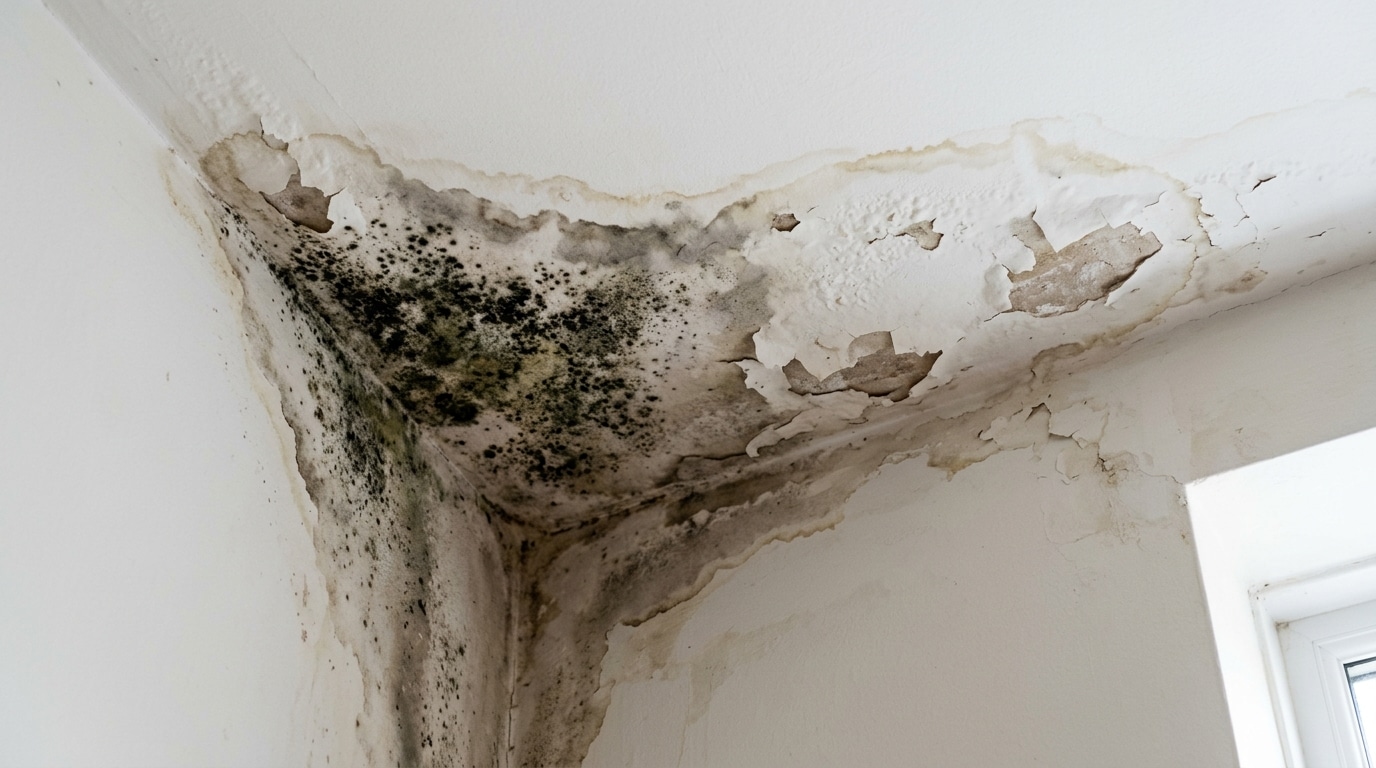 Canto superior de uma parede branca e teto com graves danos por infiltração. A tinta está estufada e descascando, acompanhada por uma grande e escura mancha de mofo preto espalhada pela superfície úmida.