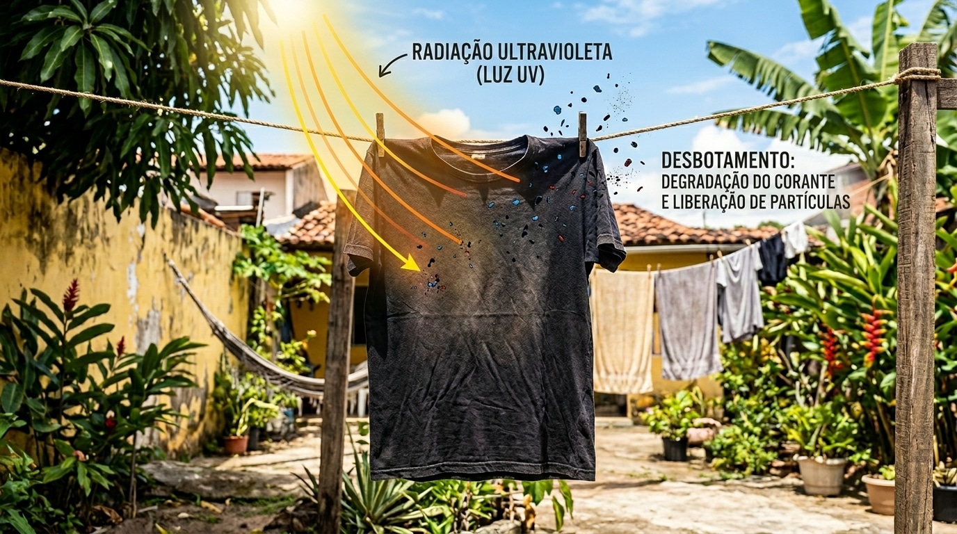 Fotografia de uma camiseta preta pendurada em um varal de quintal sob forte luz solar. A imagem possui intervenções gráficas: setas amarelas simulam os raios solares com o texto "Radiação Ultravioleta (Luz UV)", enquanto do lado oposto da camiseta, pequenas partículas coloridas se soltam com a explicação "Desbotamento: Degradação do corante e liberação de partículas".