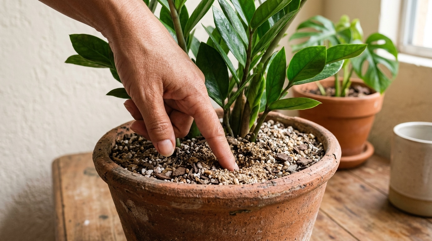 Imagem em close de um dedo indicador afundando levemente na terra seca e solta de um vaso de planta, demonstrando a técnica manual para checar a necessidade de água no substrato.