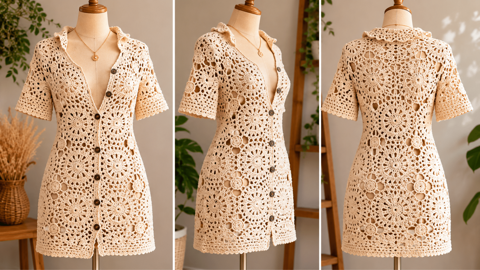 Vestido de crochê em tom cru exibido em manequim, com motivos circulares, botões frontais e acabamento rendado que valoriza o trabalho artesanal.