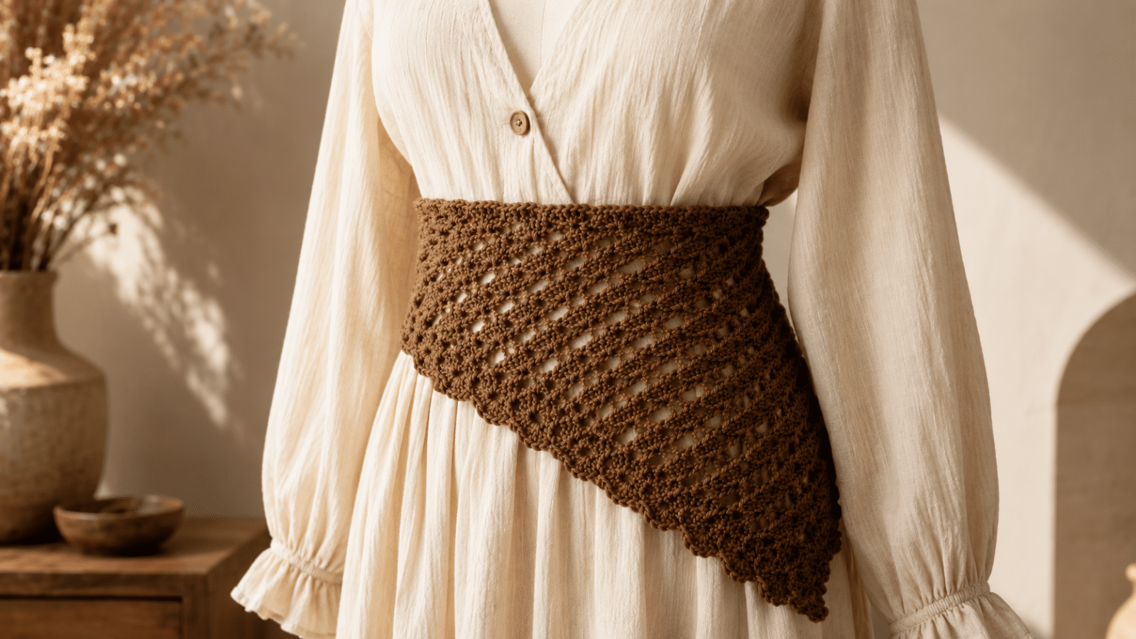 Bandana de crochê marrom usada sobre vestido claro em composição sofisticada e artesanal.