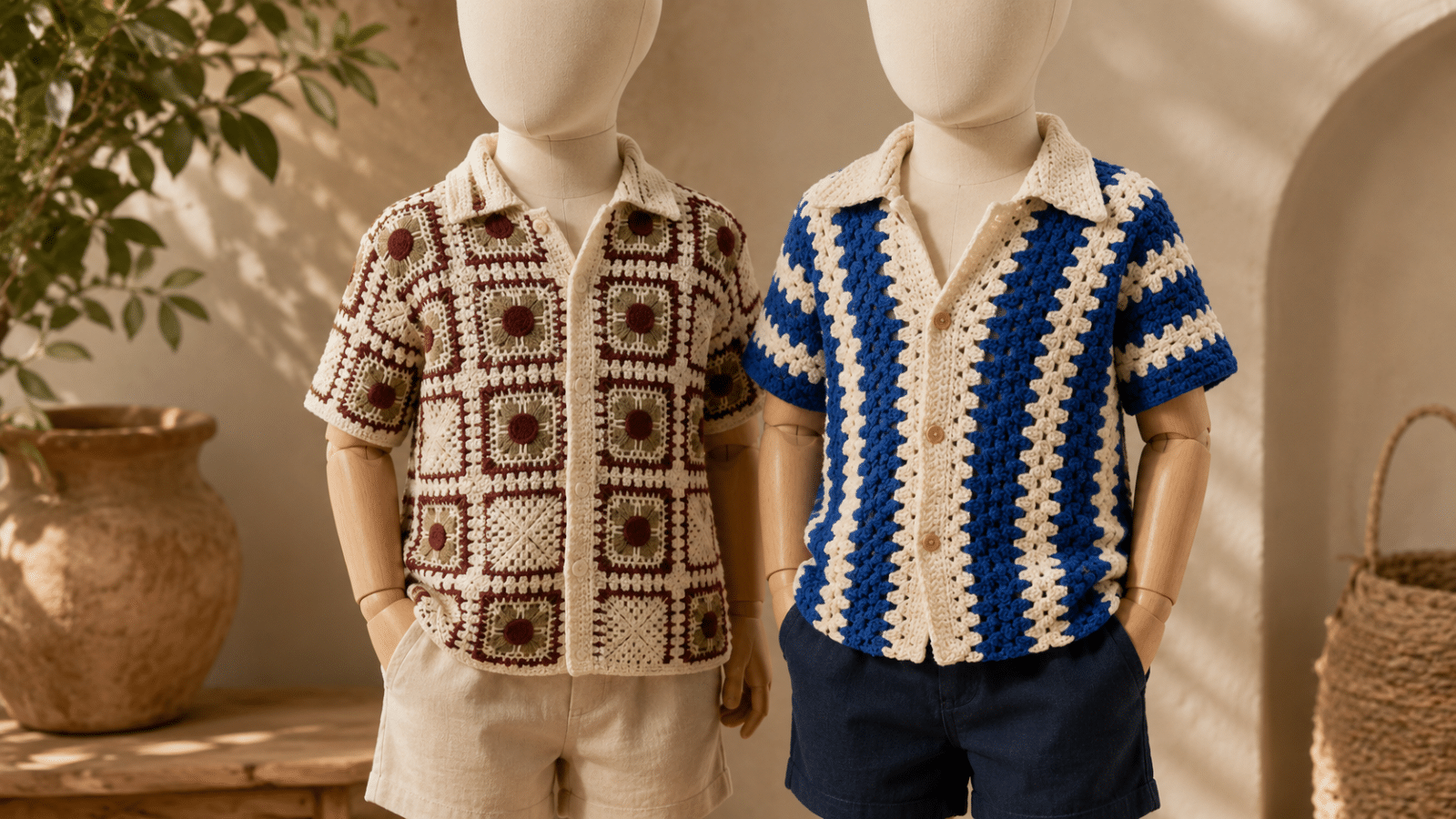 Dois manequins infantis usando camisas de crochê com gola, botões e acabamentos artesanais em uma composição sofisticada.