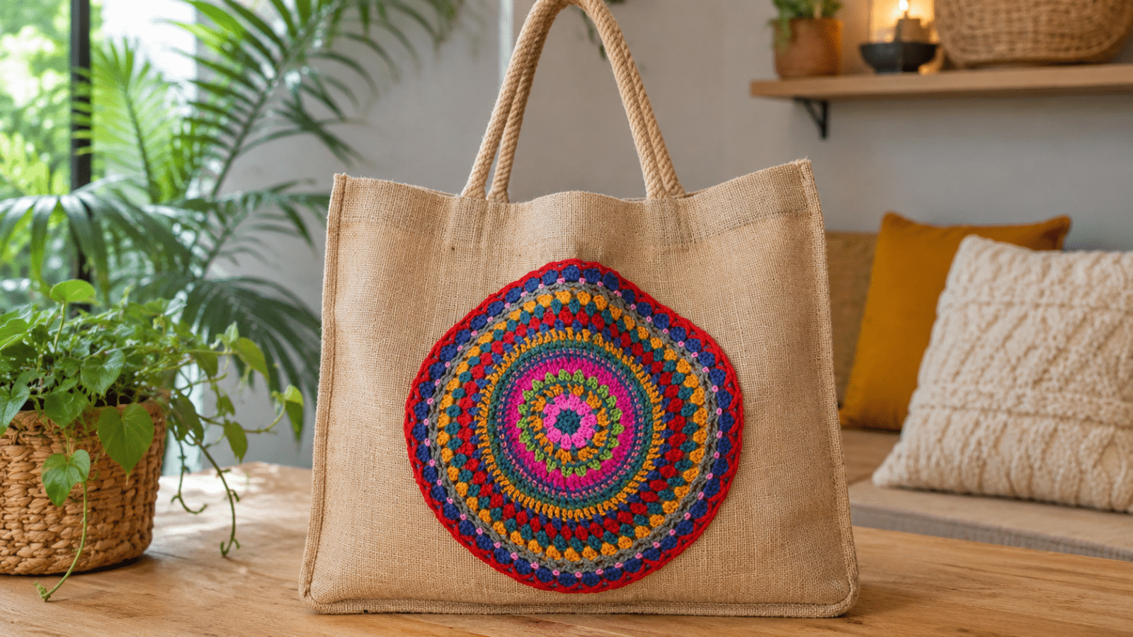 Bolsa de juta com aplicação colorida em crochê, destacando o contraste entre textura natural e detalhe artesanal.