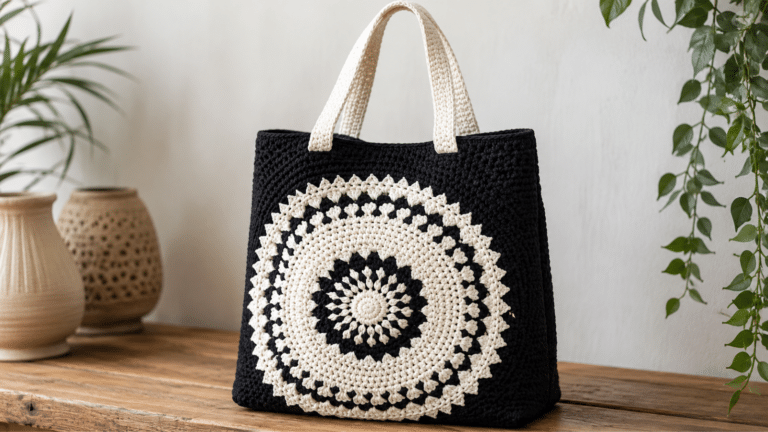 Bolsa de crochê preto e branco com mandala central, alças claras e acabamento artesanal elegante.