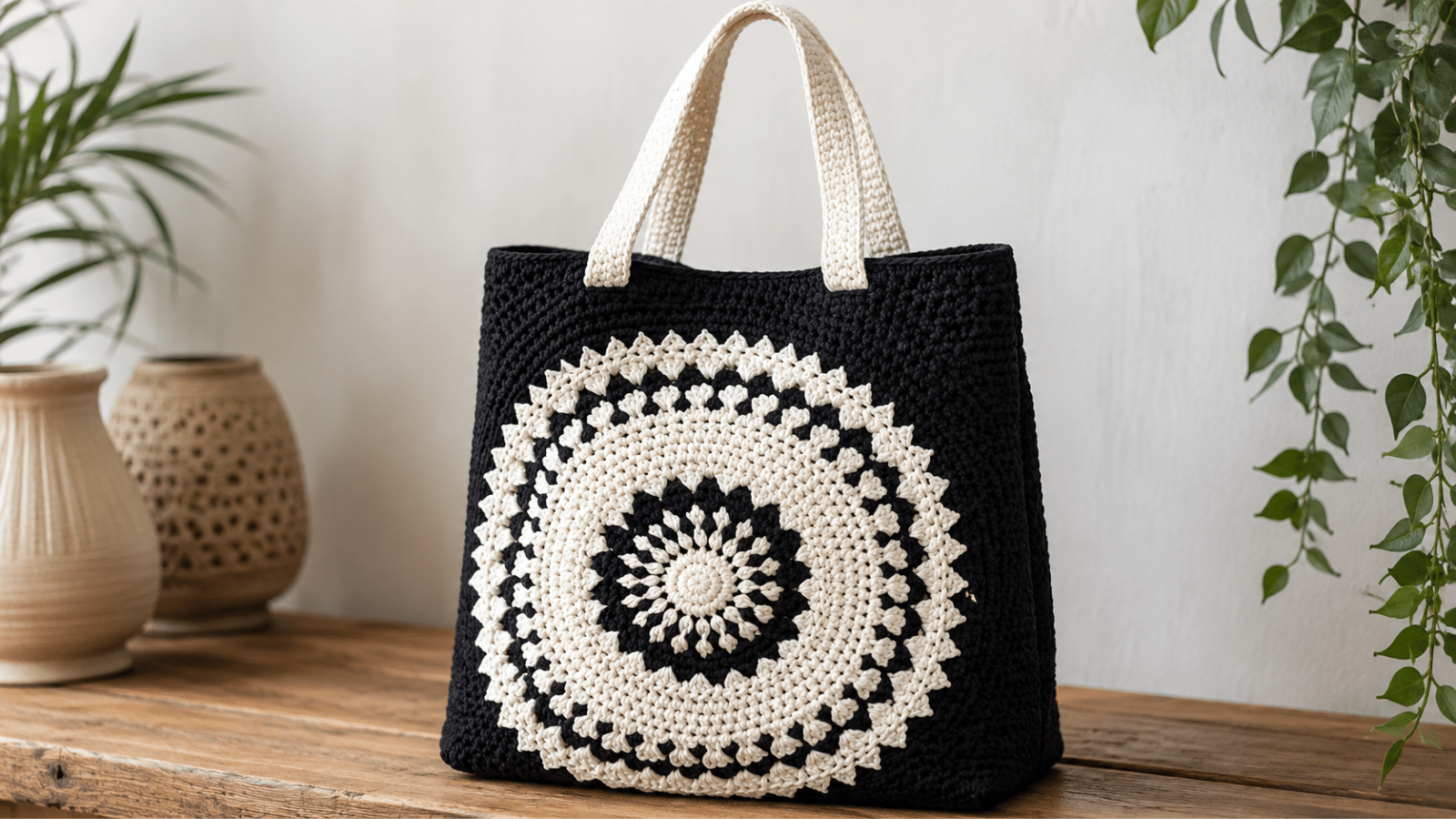 Bolsa de crochê preto e branco com mandala central, alças claras e acabamento artesanal elegante.